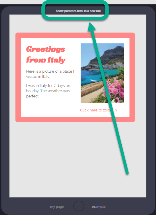 screenshot of mobile phone in the postcard project